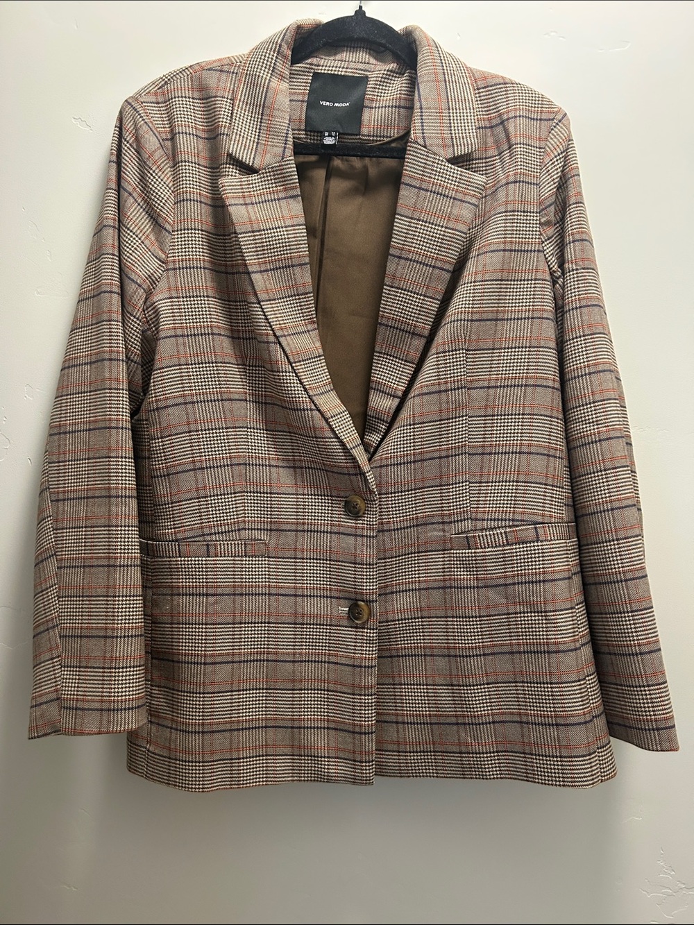 Vero Moda Plaid Blazer in Brown and Tan with Subtle Red Accents